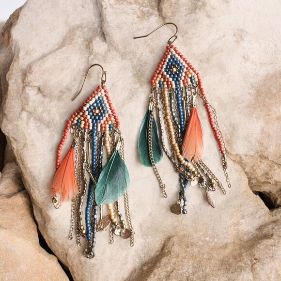 🆕️ Feather Beads Boho Chic Style Summer Vacation Beach Handmade Tassel Earrings - Picture 3 of 6